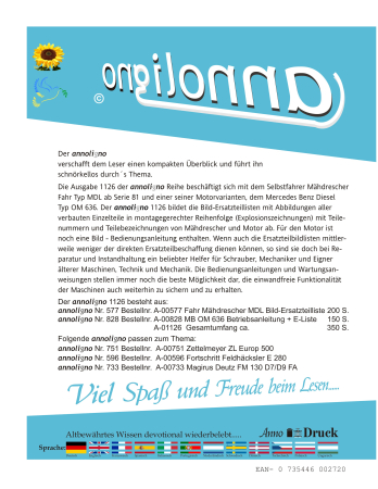 Fahr Mähdrescher Typ MDL & MB Motor Typ OM 636 - Bild- Ersatzteillisten mit Explosionszeichnungen + Motor Bedienungsanleitung - annoligno 1126